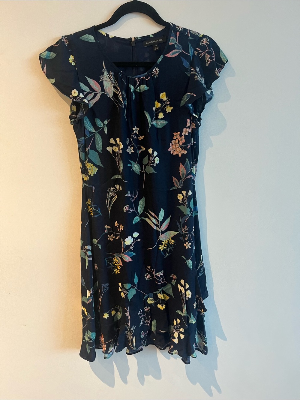 Banana Republic Navy Floral Ruffle-Sleeve Dress